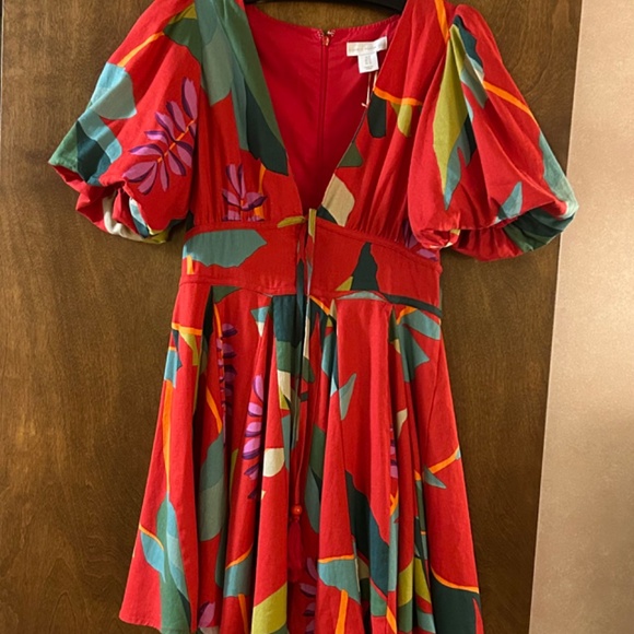 House of Harlow 1960 Linen Blend Red Floral Puff Sleeves Dress,  Size 6 - Picture 11 of 16